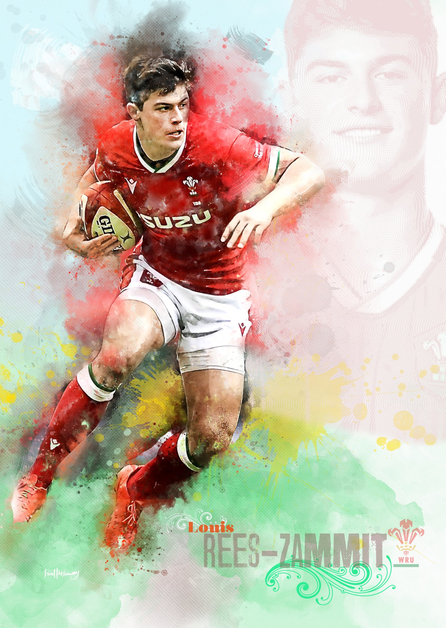 louis rees-zammit wales rugby art print